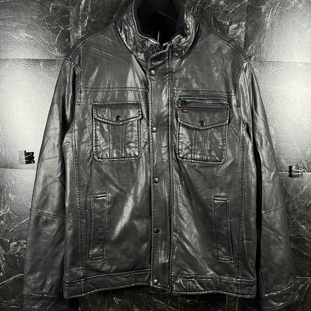 Levi's Men's Black Sherpa Fur Faux-Leather Jacket Large -Flaws